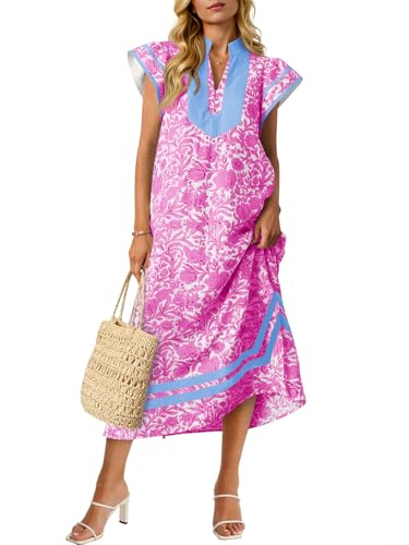 Image of Wenrine Womens Summer Floral Maxi Dress Casual Short Cap Sleeve V Neck Color Block Side Slit Loose Boho Beach Dresses