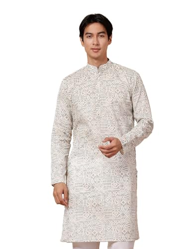 Image of Majestic Man Men's Cotton Regular Fit Casual Mandarin Collar Ethnic Motifs Printed Long Regular Kurta