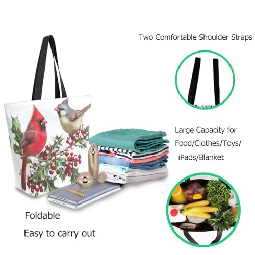 Holly Branch Cardinal Titmouse Birds Extra Large Canvas Gym Shoulder Tote,Durable Daily Reusable Top Handle Bag for Mens Womens Yoga Weekender Picnic Beach Travel Market Shopping2