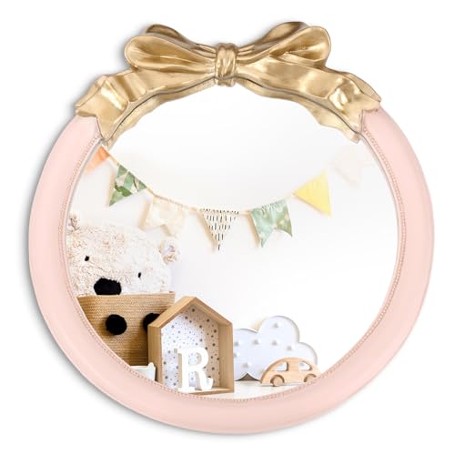 Image of DoubleFill 18 Inch Nursery Mirror, Bow Wall Mounted Mirror for Girl Princess Vintage Nursery Decor for Girls Bedroom(Pink)