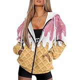 Jndtueit Ice Cream Hoodies for Women Oversized Zip Up Oversized Sweatshirt Fall Jackets Casual Long Sleeve Tops Drawstring Pullover with Side Pockets 2024 Fall Clothes