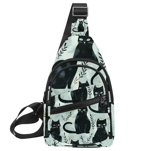 Riñonera cruzada negra deportiva con diseño de gato y plantas