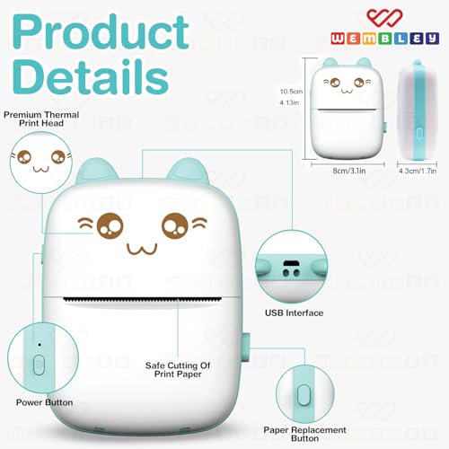 Image of Wembley Mini Bluetooth Printer for Kids| Durable, Portable & Safe| Kitty Themed Thermal Printer| Rechargeable & Battery Operated| Ideal for Students Age 5+ (Kitty)