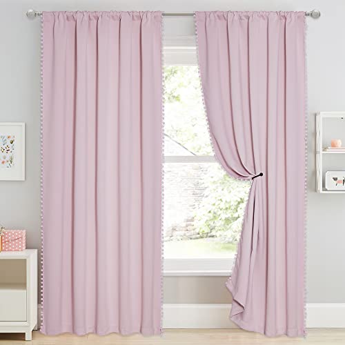 Stangh Blackout Curtains For Nursery Girls Room, Thermal Insulated Pink Pompom Room Darkening Curtain Drapes For Babies, Short Cute Curtains For Kitchen / Small Window, W52 X L63, 2 Panels #TOP1