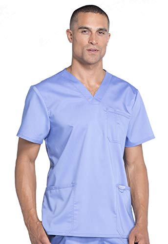 Workwear Revolution Men Scrubs Top V-Neck WW670, L, Ciel Blue