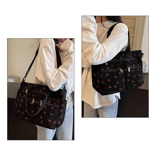 Strawberry Print Corduroy Tote Bag, Hobo Shoulder Bag for Women, Multi-Compartment Cute Crossbody Purse2