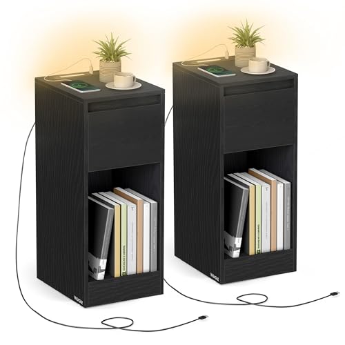 VASAGLE Lot de 2, Table de Chevet Étroite, Table d’Appoint, avec Éclairage LED, 1 Port USB-A, 1 Port USB-C, Tiroirs et Compartiments Ouverts, pour Chambre, Salon,...