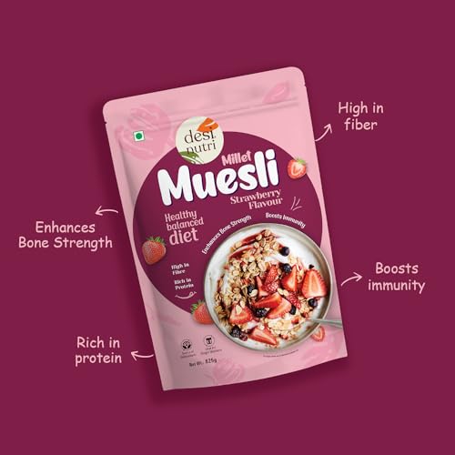 Image of Desi Nutri Millet Muesli Strawberry Flavour 625grams | Healthy Balanced diet | Multigrain Breakfast Cereal | Real Fruits|Breakfast Cereal|Protein Rich|Strawberry Muesli (Strawberry)