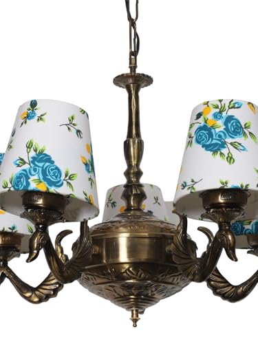 Image of Devansh 05-Light Printed Conical Multicolor Cotton Shade Chandelier - Antique Golden Finish | Adjustable Cord | Warm Glow Lamp - Ceiling Light for Living Room, Dining Area, BedroomDecor - D2