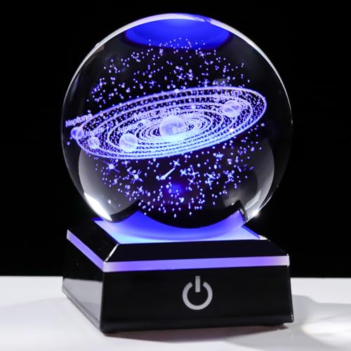 Image of Arikyrist 3D Solar System Crystal Ball 80mm with Light Base, Laser Engraved Space Universe Astronomy Gifts for Women Men Teens Boys and Girls, Glass Planet Solar System Model Sphere Night Light Decor