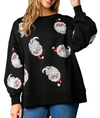 Image of Eimmao Women Christmas Sweatshirts Sequin Long Sleeve Tops (Black-E, M)