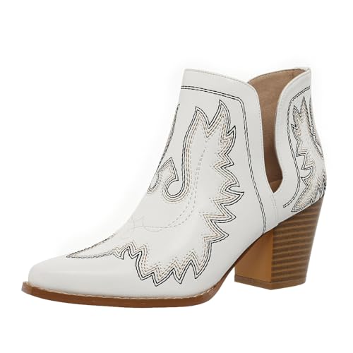 Image of SelRoys Cowboy Boots for Women Cowgirl Ankle Western Embroidered Stitched Pointed Toe Cutout Chunky Heels Short Booties Red Brown Black US5-11