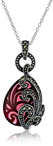 Amazon Collection Sterling Silver Oxidized Marcasite and Garnet Colored Glass Filigree Teardrop Pendant Necklace, 18