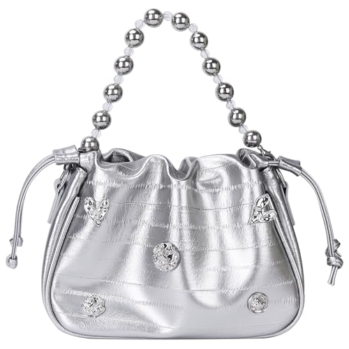 Image of Womens Y2k Sparkly Silver Handbag with Bead Chain, Metallic Clutch Satchel Leather Shoulder Bag Purse for Wedding Party Prom