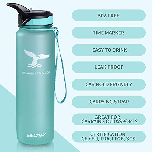 TILUCK Water Bottle with Straw Lid 34oz Motivational Fitness Sports Water Bottle with Time Marker & Straw, Large Wide Mouth Leakproof Durable BPA Free Non-Toxic (Green)