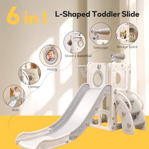 6 in 1 Toddler Playset with Slide,Toddler Slide,Slide for Kids with Basketball Hoop,Ball,Ring Toss,Kids Slide Toddler Playground Toddler Slide Indoor Outdoor Toys