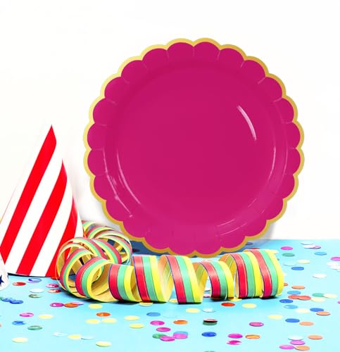 Image of HEIPINIUYE 50 Pieces Hot Pink Paper Plates with Gold Foil 9 Inch Disposable Pink Scalloped Dinner Plates for Wedding Baby Shower Birthday Party Dessert Plate
