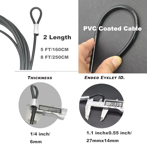 Image of 5FT 6mm Stainless Security Cables Tether,Braided Steel Vinyl Coated Safety Strap Luggage Lock,Flexible Wire Lead Chain Leash with Double Loops,Black