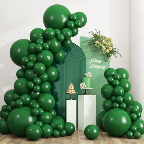 RUBFAC 135pcs Dark Green Balloons Different Sizes 18 12 10 5 Inch for Garland Arch Emerald Green Christmas Balloon for Safari Jungle Party Birthday Baby Shower Masquerade Party Wedding Decorations