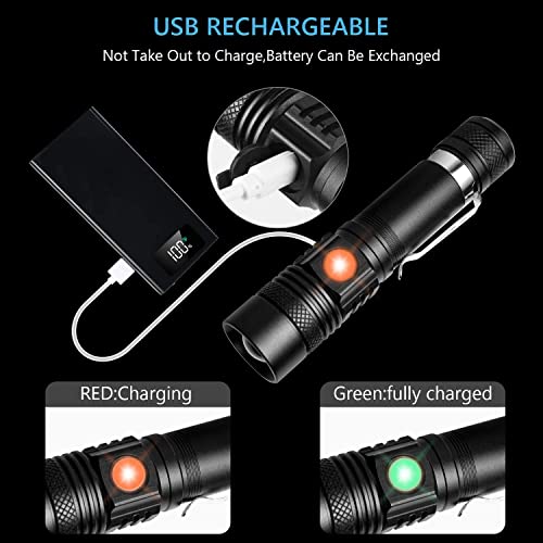 flintronic Lampe Torche Rechargeable USB, 2PCS Lampe de Poche LED, 4 Modes, Anti-Choc Étanche et Zoomable avec 2 Piles 18650 et Chargeur USB pour Ménage, Camping, Éclairage de Secours