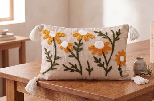 Image of Furnistitchs Boho Rectangle Cushion Cover 12x20 inches | Handmade Decorative Throw Pillow Case | Bohemian Home Decor Sofa Bed Cushion Cover Living Room Bedroom (2, Beige Floral Cuts, 12x20 inches)