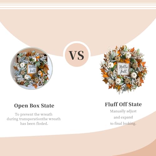 Image of 24inch Thanksgiving Fall Wreath, Eucalyptus Berries Pumpkins Lamb Ears Leaves Autumn Wreaths for Front Door, Fall Decor, Porch Wall, Home Outdoor Holiday Decorations Wreath for Autumn(24in)