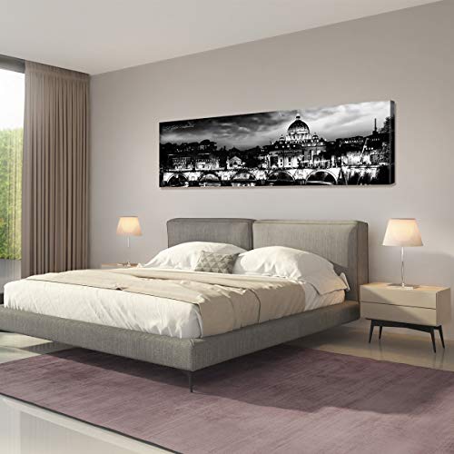 St. Peter's Cathedral Wall Art In Rome, Italy Decor Black And White Cityscape Canvas Print Pictures Night View Bridge Panoramic Posters Modern Artwork For Living Room Bedroom Home Decoration 14X48" #TOP5