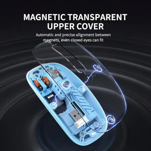 Image of PhT2102 Slim Wireless Mouse with Transparent Cover, 2.4GHz and Dual Bluetooth, Rechargeable, Adjustable DPI, LED for Laptop, PC and Tablet, Blue BTWMOUSE