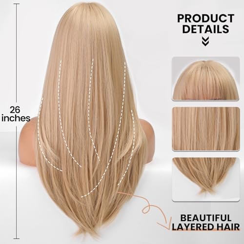EMMOR Long Platinum Blonde Wigs for Women Straight Synthetic Layered Wig with Fringe (26" Platinum Blonde) - Image 4