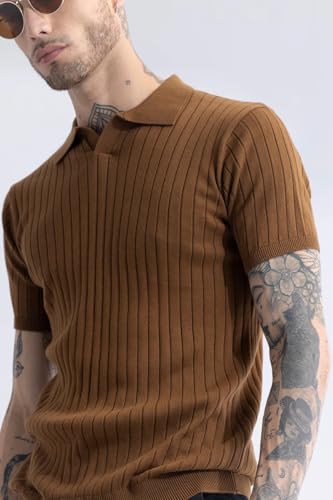 Image of Veirdo Men's Casual Ribbed Polo Collar Knit T-Shirt | Regular Fit Half Sleeve Polo for Men | Flat Knit Textured T-Shirt Perfect for Office, Party, Travel