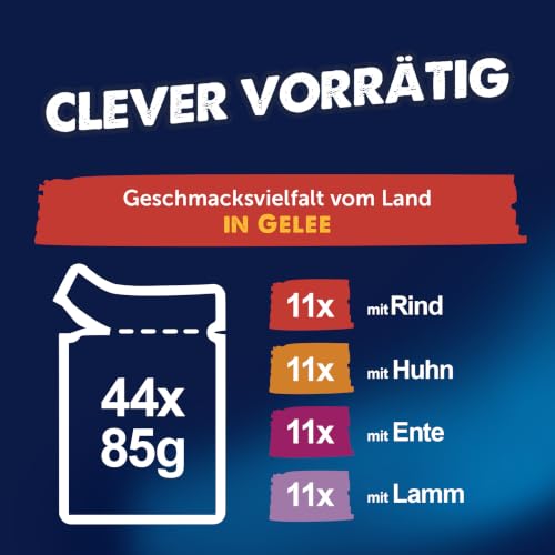 FELIX So gut wie es aussieht Nassfutter für Katzen Geschmacksvielfalt vom Land Vorteilspack, 44 praktische Portionsbeutel, zarte Stückchen in Gelee, 4 leckere Sorten, 100% vollständige Ernährung