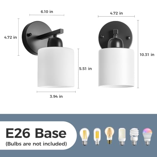 Image of 2PCS Light Black Bathroom Light Fixture, Modern Bathroom Lights with Milky White Frosted Glass Shades for Mirror Living Room Bedroom Hallway E26 Base