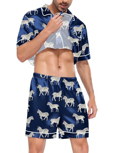 Image of SWOMOG Satin Matching Pajamas Sets Couple Silk Button Down Nightwear Women & Men Short Sleeve Sleepwear 2 Pieces Loungewear