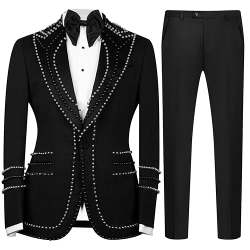 Oliexbley Men's 2 Piece Suits Beads One Button Dress Suit Slim Fit Tuxedo Jacket Blazer Pants Set for Wedding Business Prom