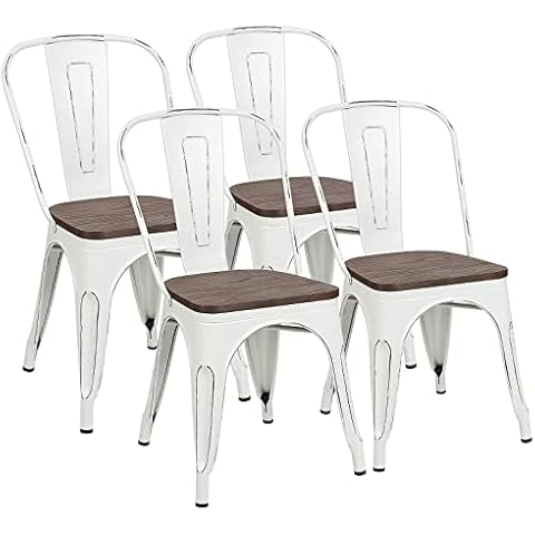 Furniwell Metal Dining Chairs with Wood Seat, Indoor Outdoor Use Stackable Tolix Industrial Metal Chairs Set of 4 for Kitchen, Dining Room, Bistro and Cafe (White) Cover