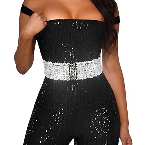 BODIY Women Stretch Wide Waist Belt Sequin Elastic Dress Belts Sparkly Waistband Cinch Belt