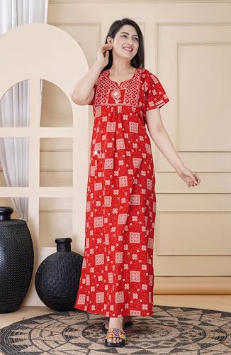 Image of DIAMO Pure Cotton Embroidery Nighty for Women, Night Gown for Woman, Cotton Nighty for Women, Maxi Night Gown Nighty with a Pocket and Adjustable Knot (Free Size)