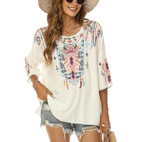 Higustar Mexican Embroidered Tops for Women Traditional Boho Tunics Bohemian Shirts Plus Size Peasant Clothes Blouses White Cover