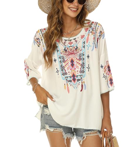 Higustar Mexican Embroidered Tops for Women Traditional Boho Tunics Bohemian Shirts Plus Size Peasant Clothes Blouses