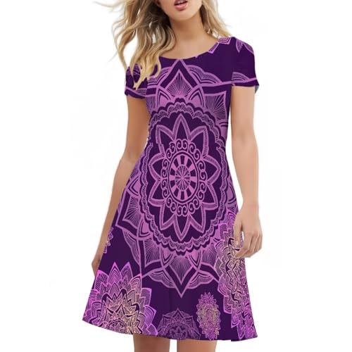 Image of HUGS IDEA Womens Puffy Swing Midi Dress Round Neck Short Sleeve Party A-Line Dresses