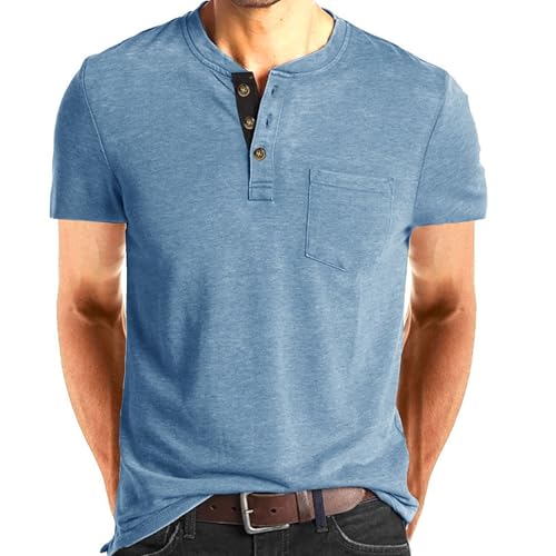 Zylphorix Men Breathable Thin Round Neck Polo Shirts Quarter Button Chest Pocket Henry T-Shirt Summer Casual Outdoor Pullover (Light Blue,Medium)
