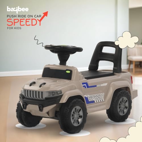 Image of Baybee Speedy Baby Ride on Car for Kids | Portable Kids Car with LED Lights, Music & Storage Basket | Push Toy Cars with High Backrest | Toddler Rideons Jeep for 1 to 3 Years Boys Girls (Desert)