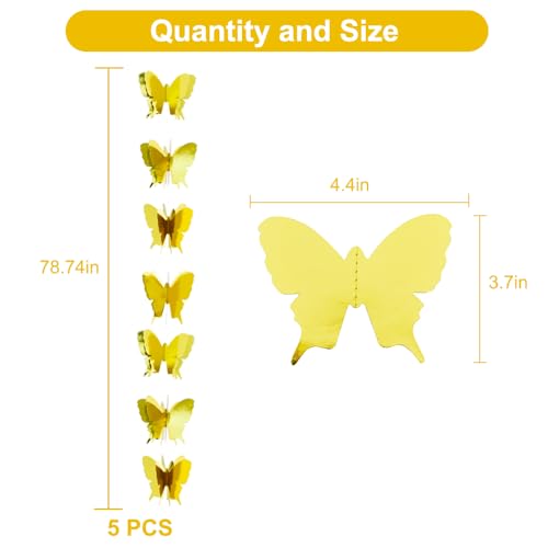 Image of BEISHIDA 5 Pieces Gold 3D Butterfly Paper Garland Hanging Decorative Banner for Home Ceiling Decor Birthday Party Baby Shower Wedding Theme Showcase Decoration Supplies Total 393 Inch Length