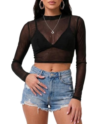 Mesh Crop Tops for Women Long Sleeve Mock Neck Sexy Cropped T Shirts for Punk Rock Outfits Sheer Black Top Womens Y2K Goth Halloween Shirts for Women See Through Top(US,Alpha,Large,Regular,Black) - image 7
