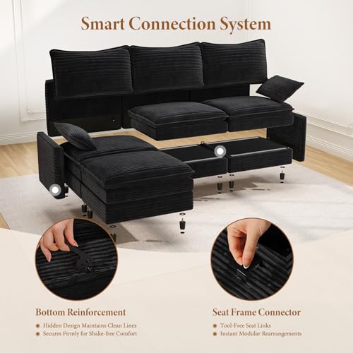 Image of Vesgantti 108 inch Modular Sectional Sofa, Comfy Cloud Couch with Movable Ottoman Deep Seat Corduroy L Shaped Modular Sofa, Sectional Couches for Living Room, Bedroom and Apartment, Black
