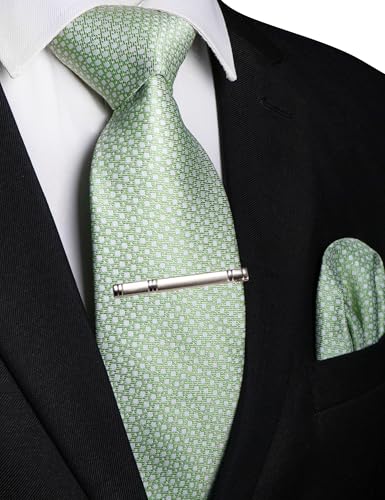 Image of RBOCOTT Silk Stripe Plaid Tie and Pocket Square with Tie Clip Sets for Men