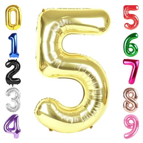 Image of 40 Inch Light Gold Number 5 Balloon, Champagne Birthday Party Decorations | 40 Inch Light Gold inflatable foil number balloons, large birthday decorations for 5th birthday