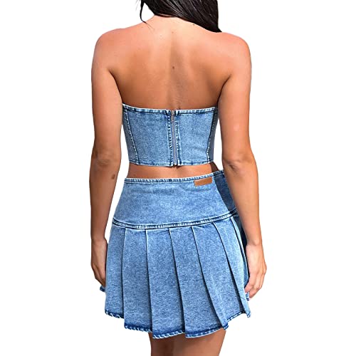 Women's Denim 2-Piece Set - Off-Shoulder Tank & Pleated Skirt, Summer Matching Sleeveless Outfit3