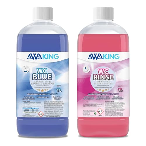Liquido WC Quimico Portatil, Similar Aqua KEM Blue, 1L + Rinse 1L, Liquido WC Quimico, Aguas Negras, Cisterna y Aguas Grises, Camper,Potti,Aguas Negras Autocaravanas,Depósito Residuos