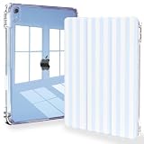 Feams Case for iPad (A16) 11th Generation 11 Inch 2025, iPad 10th Generation 10.9 Inch 2022, Slim Tri-Fold Stand Clear Back Cover with Pencil Holder & Auto Sleep, Blue Striped